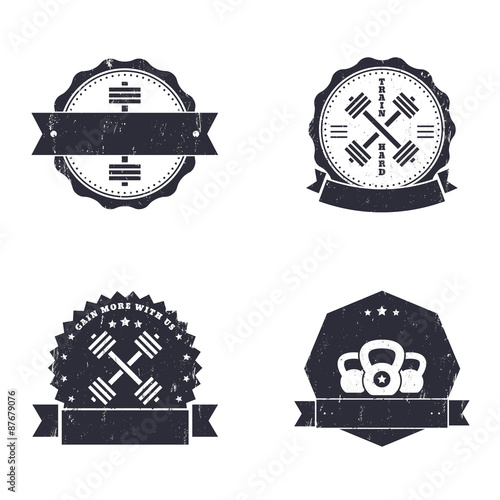 Fitness, Gym grunge logos, emblems, signs with crossed barbells, vector illustration, eps10, easy to edit