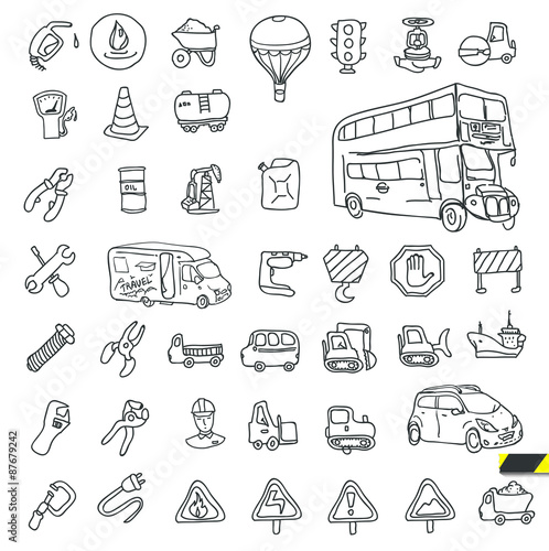 Transport icon with reflection: Cars, Ships, Trains, ..., vector illustrations, set silhouettes isolated on white background.