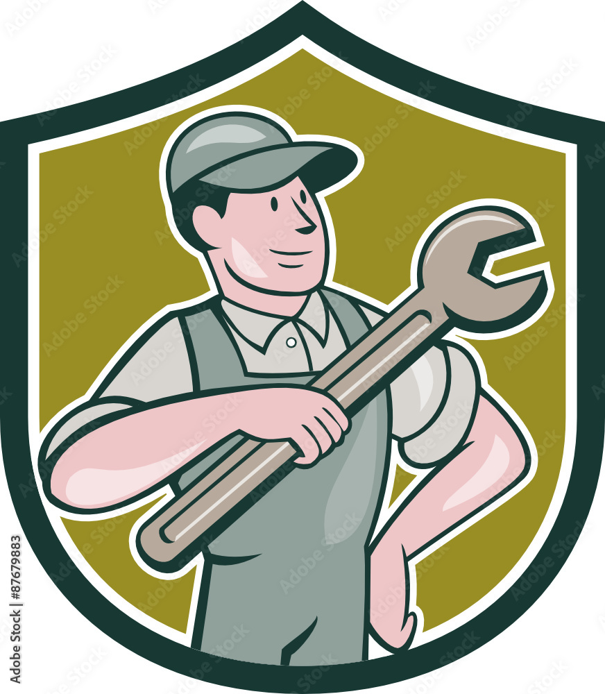 Mechanic Pointing Spanner Wrench Shield Cartoon