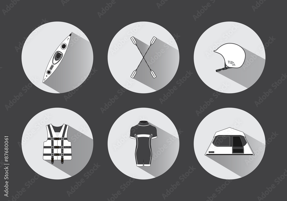 Flat rafting icons in black and white with long shadows