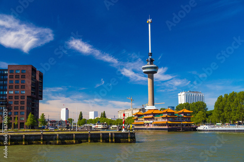 Euromast Tower in Rotterdam with floating Chinese restaurant