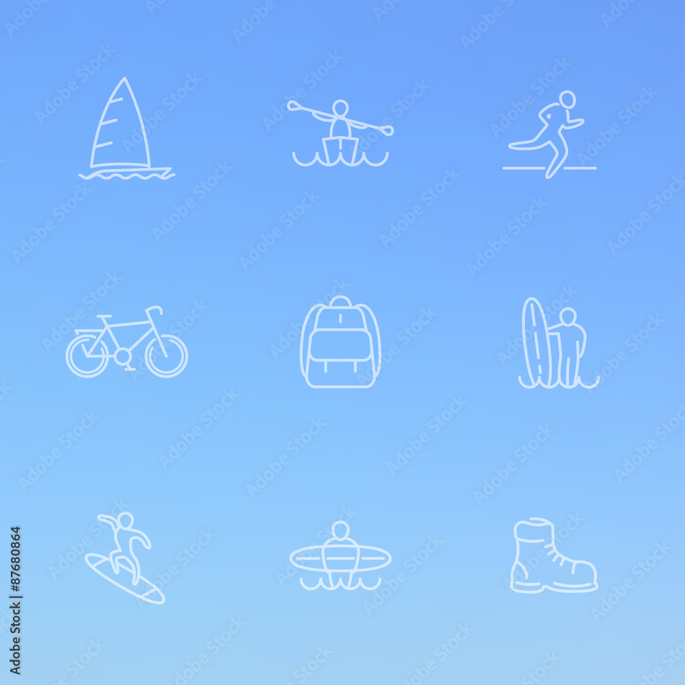 Travel, adventure, surfing, line white icons on blue, vector illustration, eps10 Travel, adventure, surfing, line white icons on blue, vector illustration, eps10