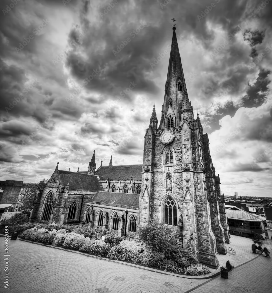 St Martin in the Bull Ring church in Birmingham, UK. Black and white