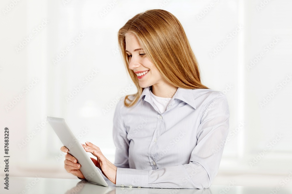 Tablet, smiling, girl. Tablet, smiling, girl.