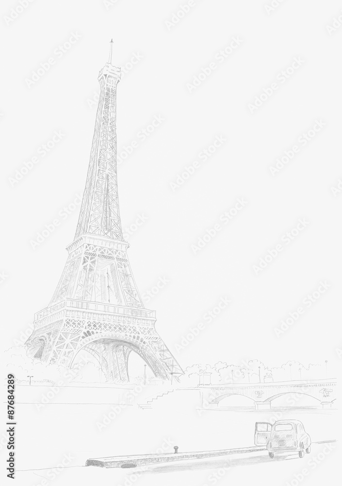 Eiffel tower, Paris, France. pencil illustration