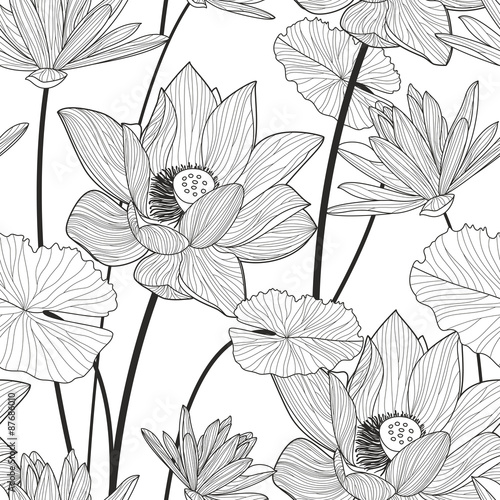 Fototapeta Naklejka Na Ścianę i Meble -  Vector seamless pattern with beautiful lotus flower. Black and w