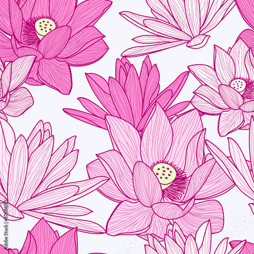 Fototapeta Naklejka Na Ścianę i Meble -  Vector seamless pattern with beautiful pink lotus flower. Floral