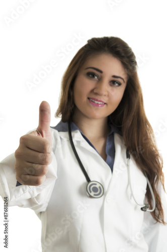 Young beautiful friendly female doctor with a stethoscope