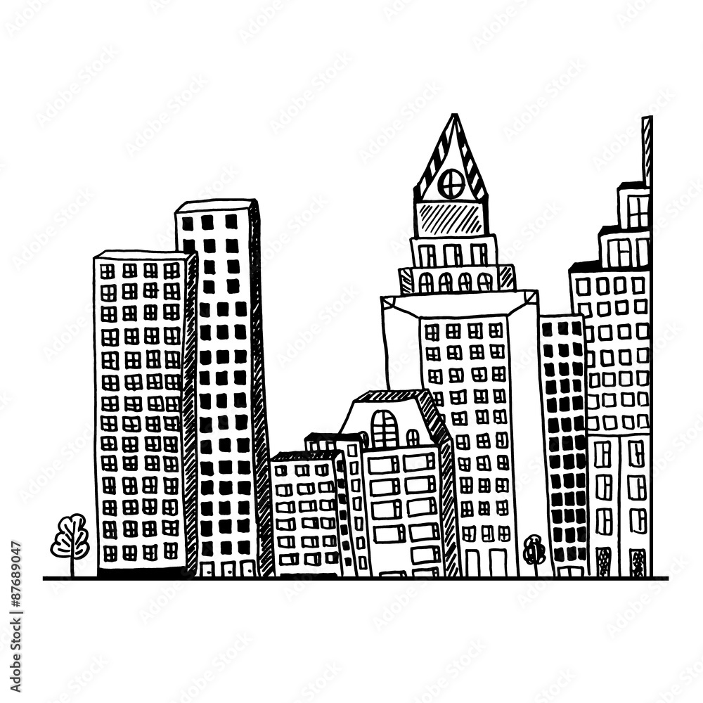 Big, city, concept, architecture, hand drawn, sketch, vector, illustration