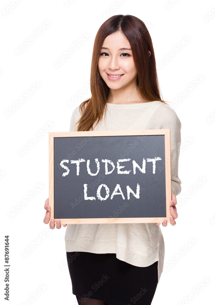 Woman hold with chalkboard showing a phrases of student loan Woman hold with chalkboard showing a phrases of student loan