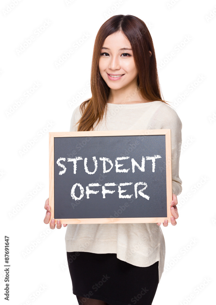 Woman hold with chalkboard showing the phrases of student offer Woman hold with chalkboard showing the phrases of student offer