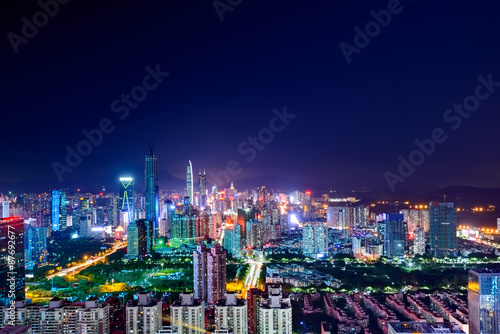 High angle view of modern skyline and cityscape at night