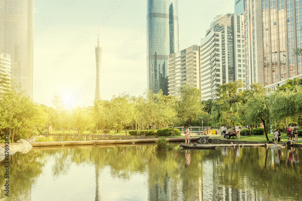 Park and skyscrapers in modern city