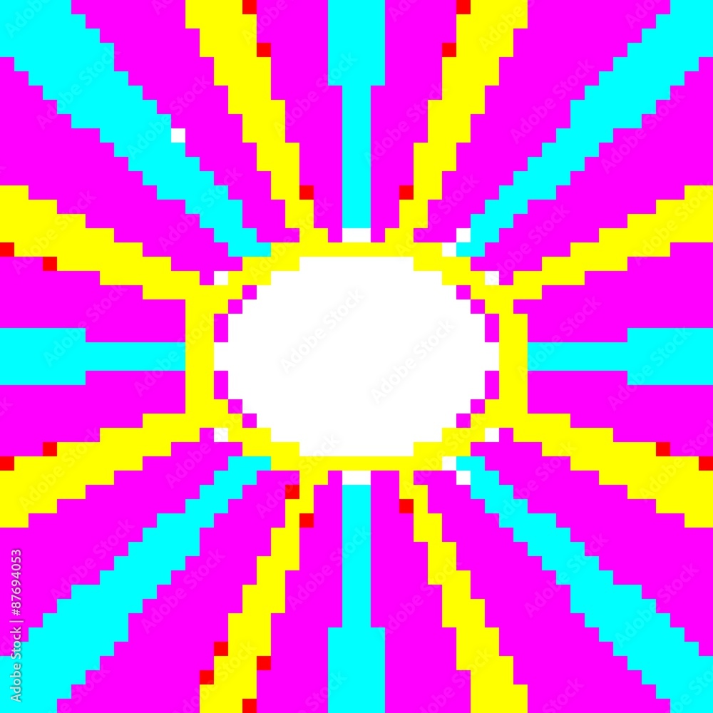 Retro 8 bit pixelated radiant background in pink yellow, blue colors with white copyspace Retro 8 bit pixelated radiant background in pink yellow, blue colors with white copyspace