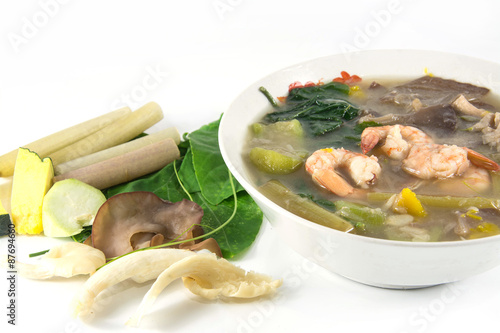 Thai Spicy Mixed Vegetable Soup with shrimp, (Kang Liang Goong Sod) photo