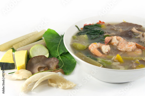 Thai Spicy Mixed Vegetable Soup with shrimp, (Kang Liang Goong Sod) photo