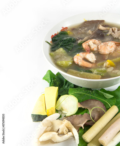 Thai Spicy Mixed Vegetable Soup with shrimp, (Kang Liang Goong Sod) photo