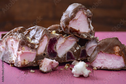 Closeup of Rocky Road Chocolate Candy. photo