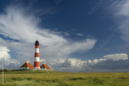 scenic landscape with famous Westerhever lighthouse at North Sea coast, Schleswig-Holstein, Nordfriesland, Germany, Europe
