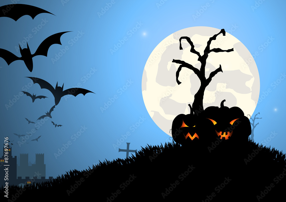 Vector : Bat trees and pumpkin halloween background