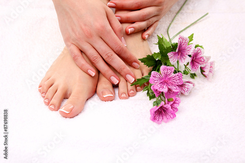 Beautiful feet with perfect spa french nail pedicure © lenetsnikolai