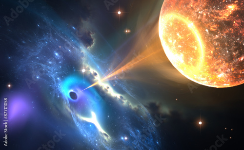 Fototapeta Naklejka Na Ścianę i Meble -  Black hole or a neutron star and pulling gas from an orbiting companion star.