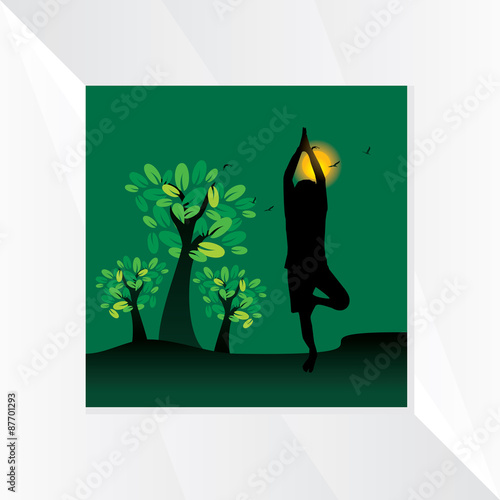 creative green landscape with yoga tree posture 