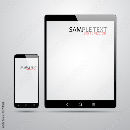 Realistic vector of smartphone and tablet with blank screen.