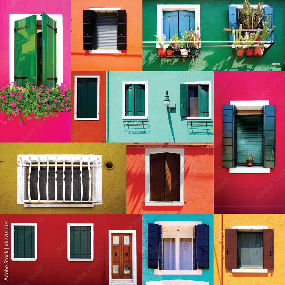 Naklejka premium Mixed colorful Windows wall and Doors collection