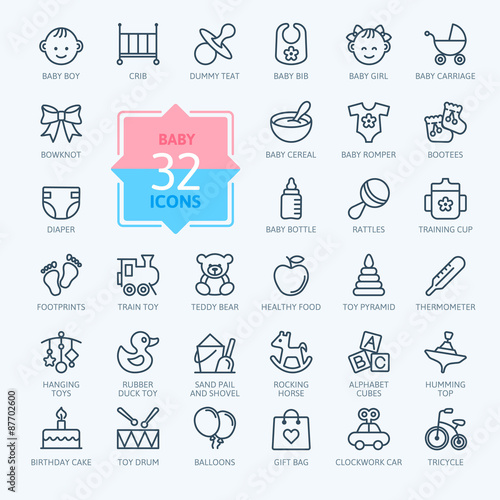 Outline web icon set. Baby toys, feeding and care