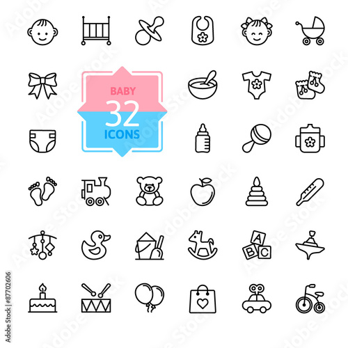 Outline web icon set. Baby toys, feeding and care