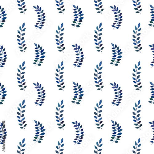 Seamless pattern with watercolor blue leaves