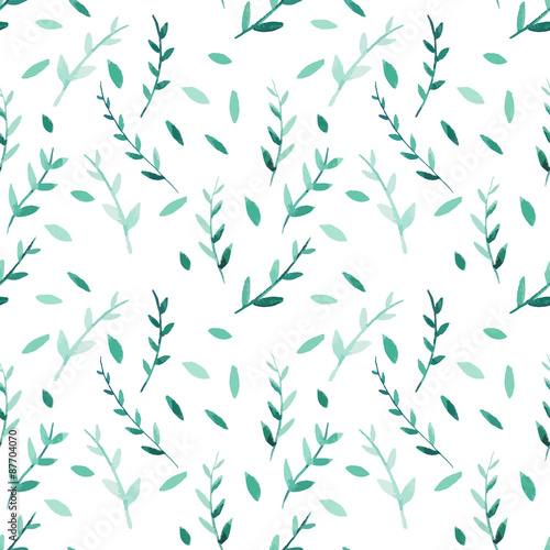 Seamless pattern with watercolor green leaves