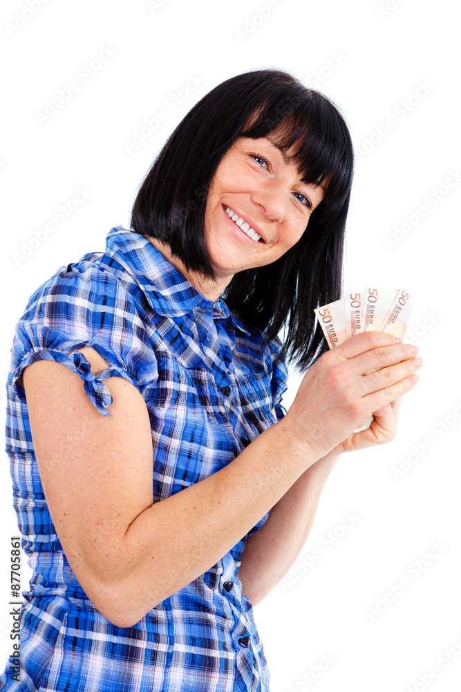 Close-up portrait of Happy and smile brunette woman holding cash euro money in hand and looking to camera, isolated on white background, Positive human emotion, facial expression Close-up portrait of Happy and smile brunette woman holding cash euro money in hand and looking to camera, isolated on white background, Positive human emotion, facial expression