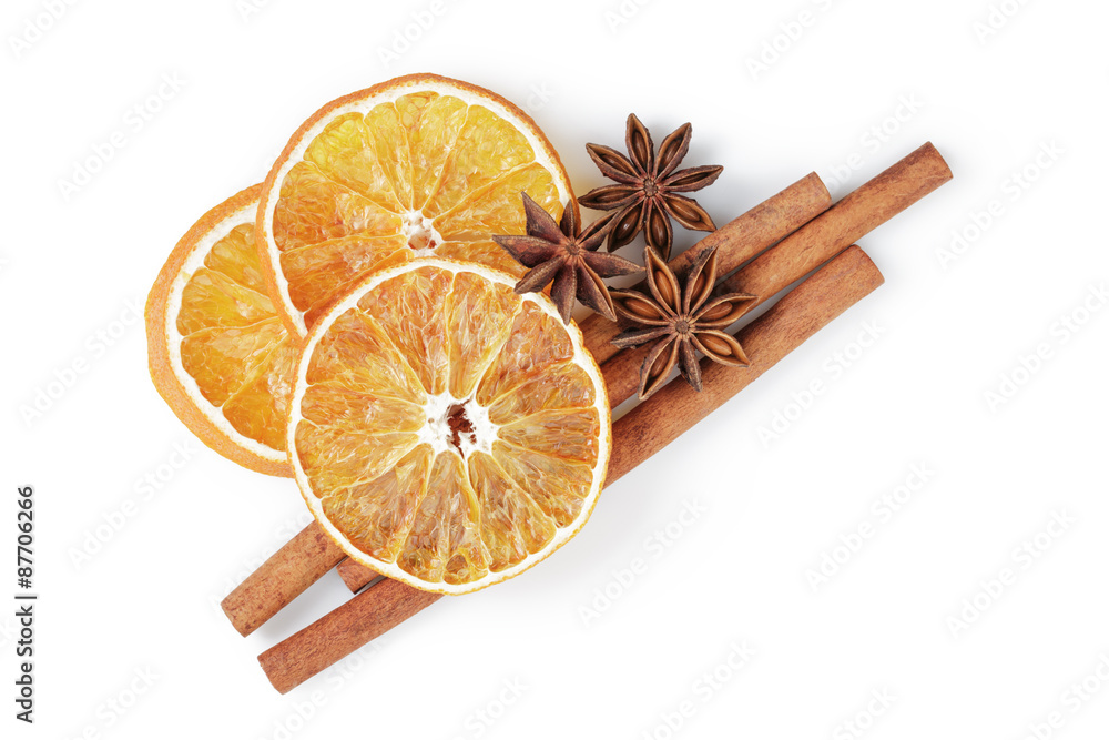 dried oranges with cinnamon and anise, isolated on white dried oranges with cinnamon and anise, isolated on white