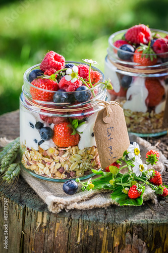 Healthy granola with berry fruits and yogurt in sunny day