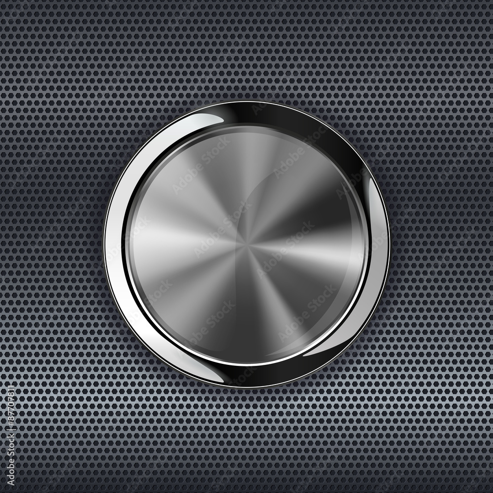 Steel round button on metal background, web icon with metallic frame. Steel round button on metal background, web icon with metallic frame.