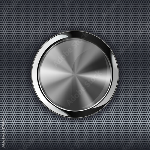 Steel round button on metal background, web icon with metallic frame.