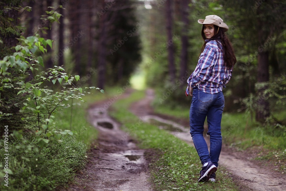 Obraz premium running girl forester in nature