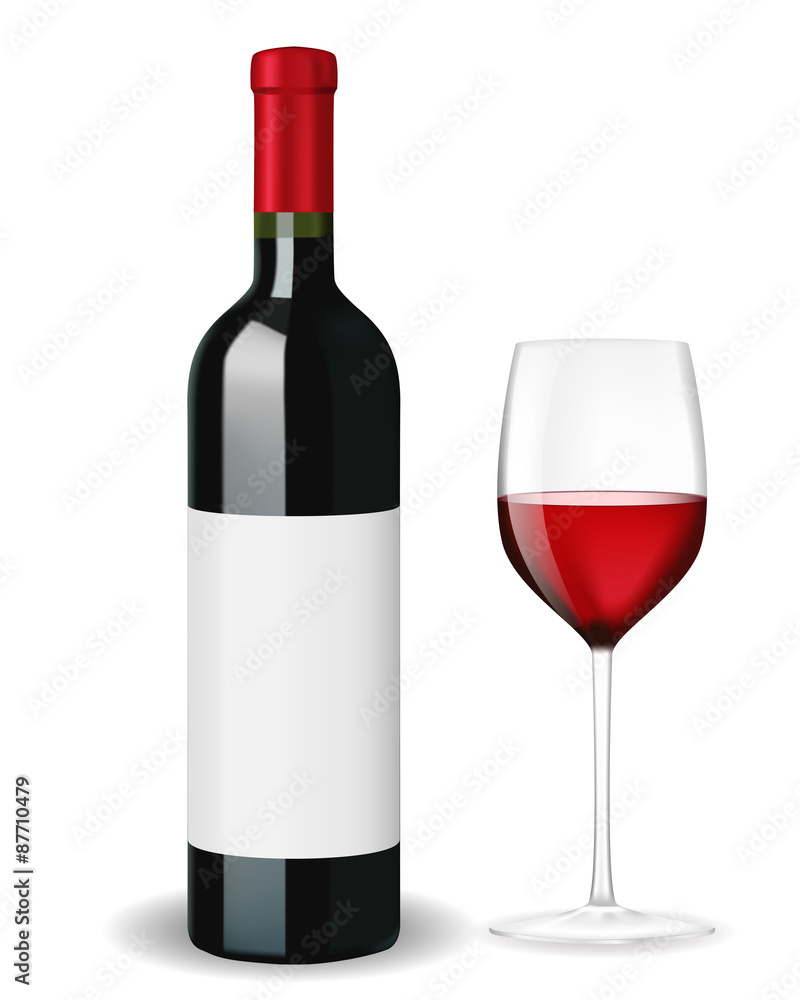 Bottle of red wine with glass and blank lable Bottle of red wine with glass and blank lable