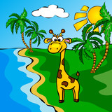 Funny cartoon giraffe near a river