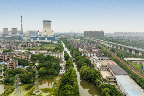 Power plants in residential areas aerial view