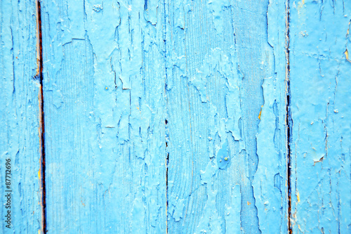 dirty stripped paint in the blue wood door and