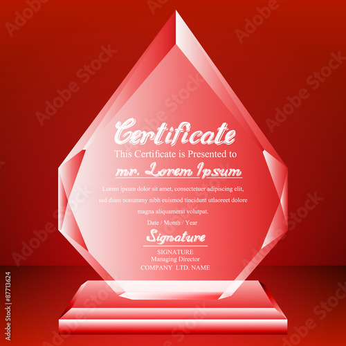Crystal trophy certificate design template on red background.
