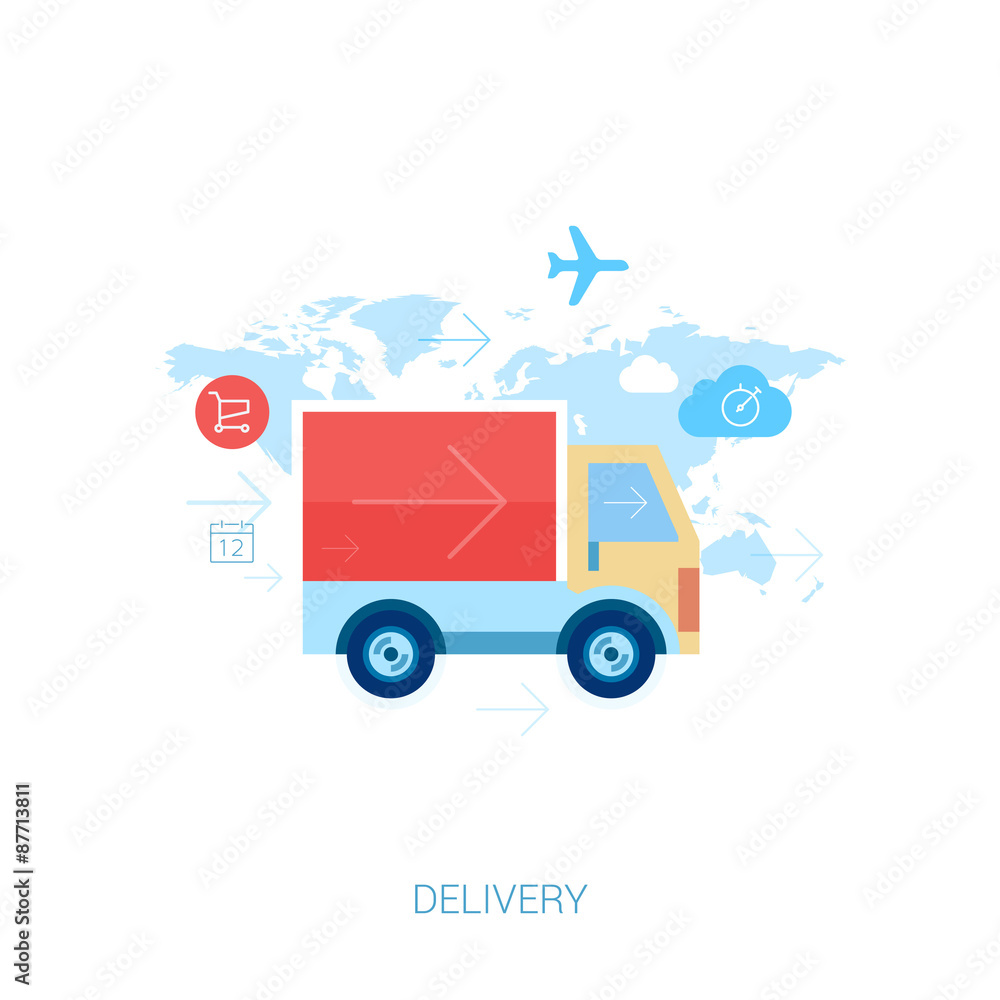 Online shopping and purchase delivery. Lorry or truck over world Online shopping and purchase delivery. Lorry or truck over world