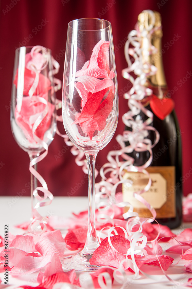 Love and Valentines: Bottle of champagne and glasses for two. Love and Valentines: Bottle of champagne and glasses for two.