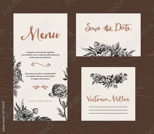 Wedding set. Menu, save the date, guest card. Black and white flowers peonies and roses. Vintage vector illustration.