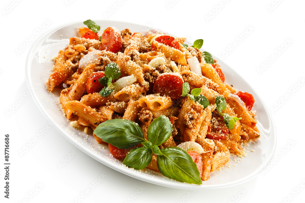 Pasta with meat, tomato sauce and vegetables Pasta with meat, tomato sauce and vegetables
