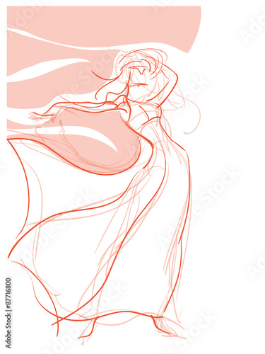 young women Bohemian chic outfit, gesture sketch