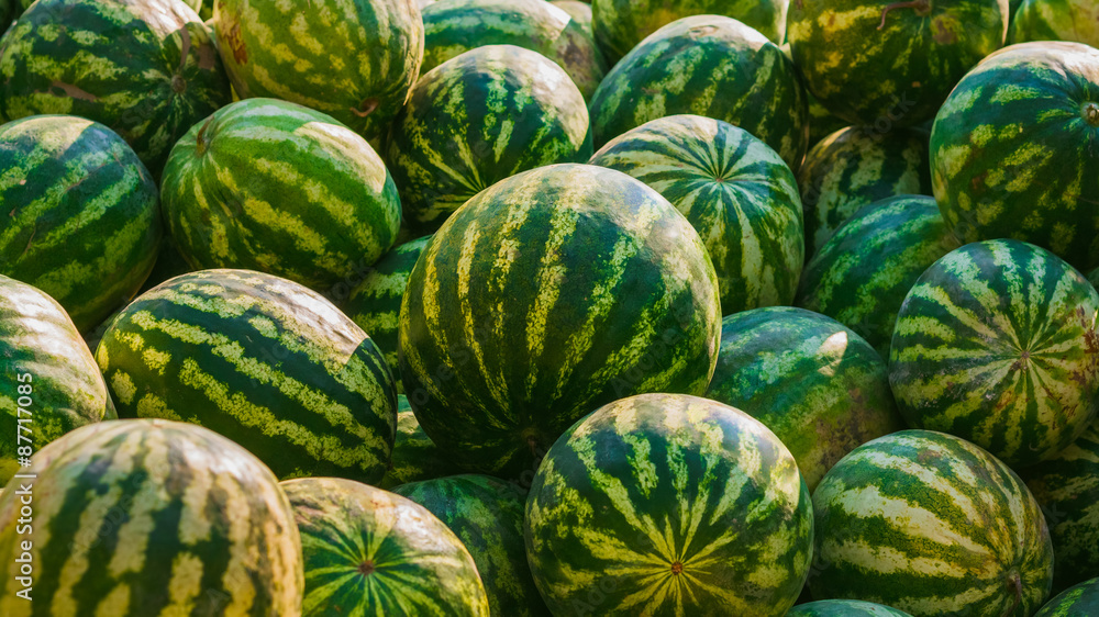 Heap Of Many Green Fresh Ripe Watermelons On Local Market.